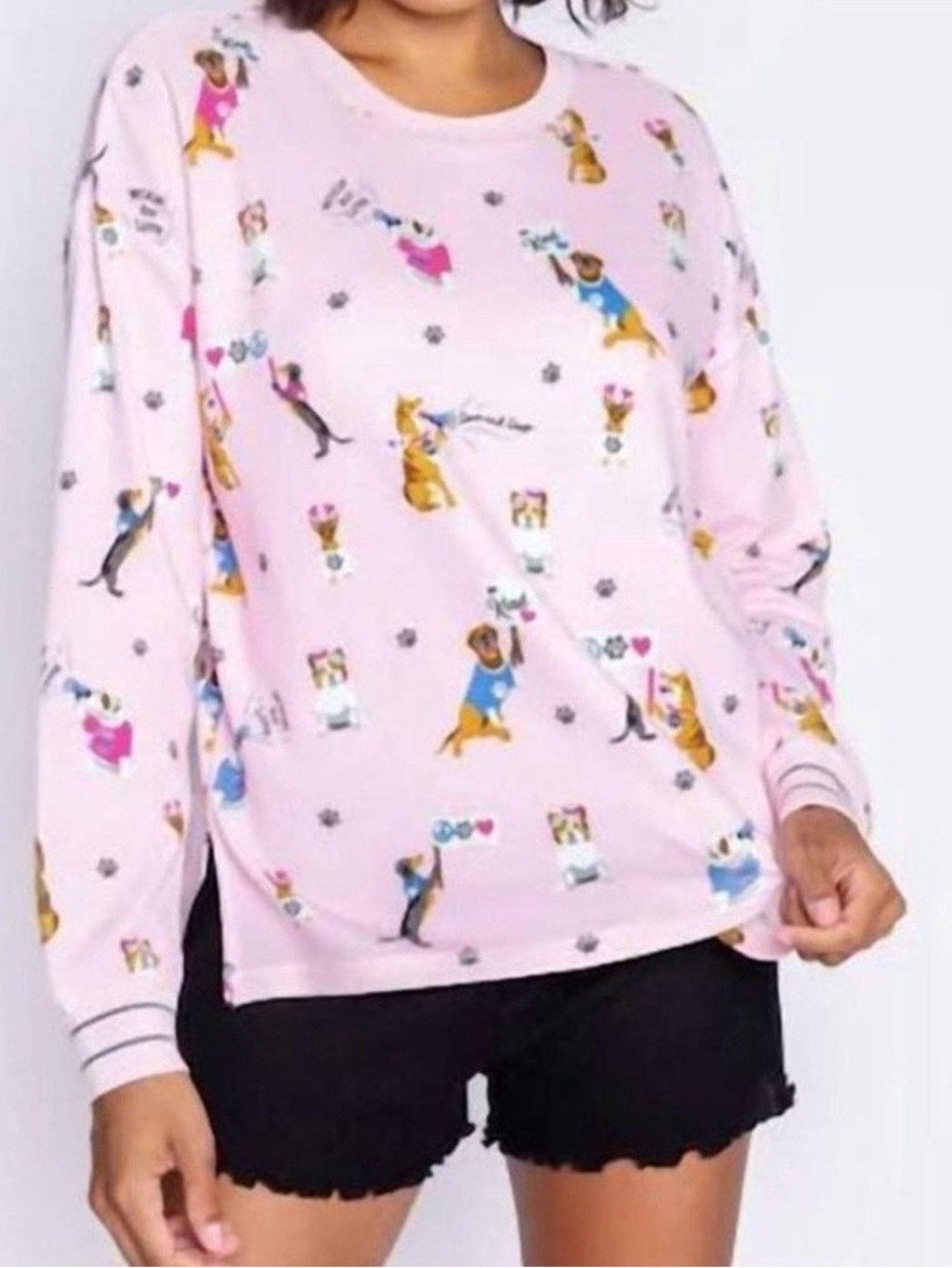 P.J. Salvage Pink Dog Pattern Waffle-Knit Long Sleeve Lounge or PJ Top MSRP $78